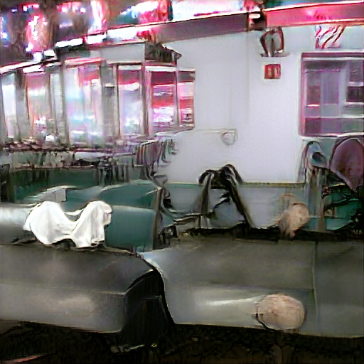 in the deserted diner, there are three overturned chairs. Below one is a half-buried mannequin’s leg, and a plastic head.