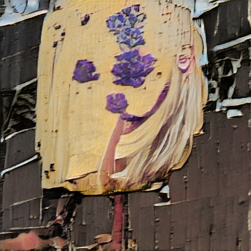 an ancient, weathered billboard. On it is painted a beautiful woman, dressed in the fashion of bygone times, long blonde hair, smiling serenely, and holding aloft a purple flower.