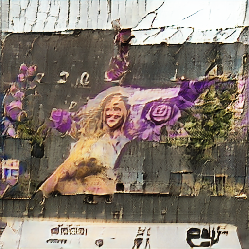 an ancient, weathered billboard. On it is painted a beautiful woman, dressed in the fashion of bygone times, long blonde hair, smiling serenely, and holding aloft a purple flower.