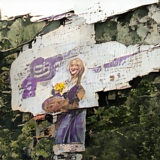 an ancient, weathered billboard. On it is painted a beautiful woman, dressed in the fashion of bygone times, long blonde hair, smiling serenely, and holding aloft a purple flower.