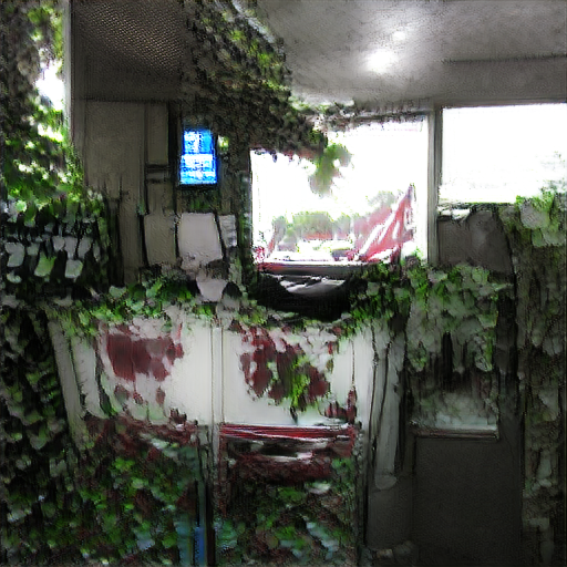 a parking attendant’s booth with the windows all blown out and vines covering the interior