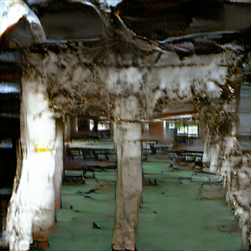 what was once the cafeteria, although now it contains only a few scattered, rotting tables and chairs