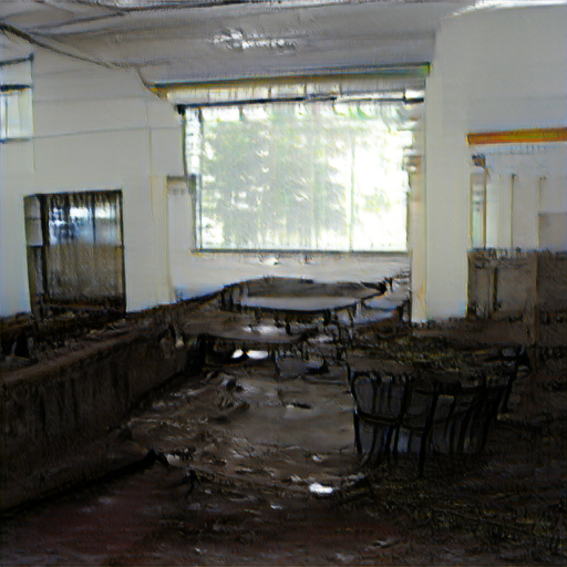 what was once the cafeteria, although now it contains only a few scattered, rotting tables and chairs