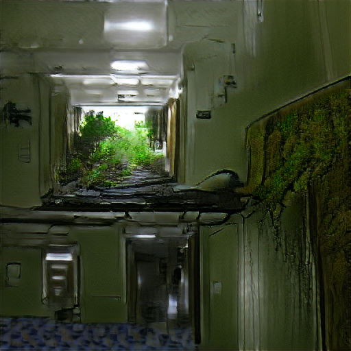 a hospital hallway. Dilapidated and abandoned, overrun by vegetation