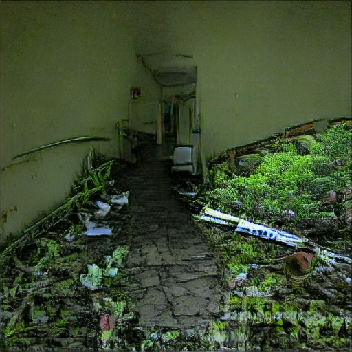 a hospital hallway. Dilapidated and abandoned, overrun by vegetation